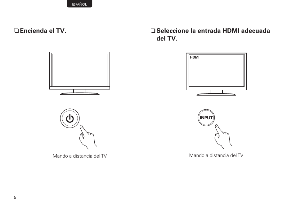 N seleccione la entrada hdmi adecuada del tv, N encienda el tv | Marantz NR1603 Getting Started User Manual | Page 6 / 10