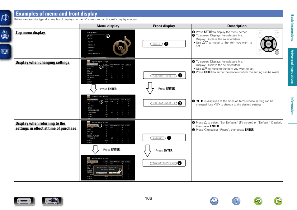 Examples of menu and front display, Top menu display, Display when changing settings | Menu display front display description, Setup, Enter | Marantz NR1604 User Manual | Page 109 / 168