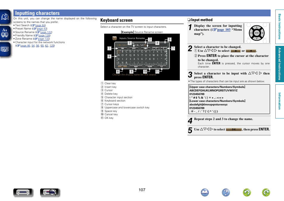 Inputting characters, Keyword. for character input, see, Keyboard screen | Marantz NR1604 User Manual | Page 110 / 168