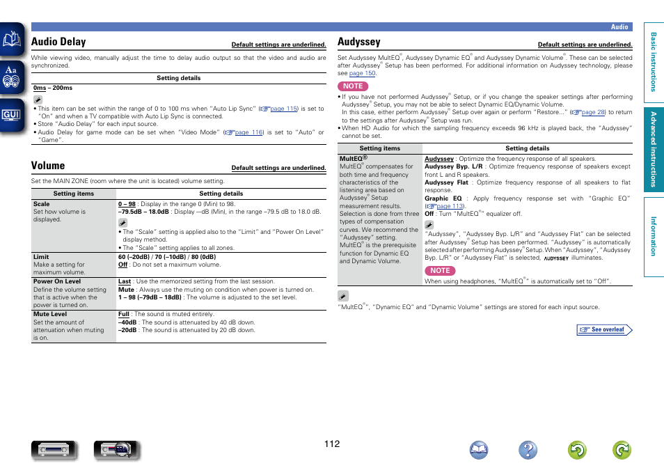 Is “0 – 98, Is “–79.5db, When the “scale | Audio delay, Volume, Audyssey | Marantz NR1604 User Manual | Page 115 / 168