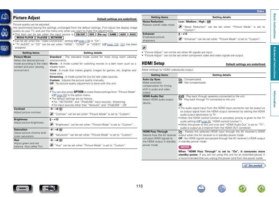 Auto lip sync, Hdmi setup, Hdmi audio out | To “tv, Is set to, Picture adjust | Marantz NR1604 User Manual | Page 118 / 168