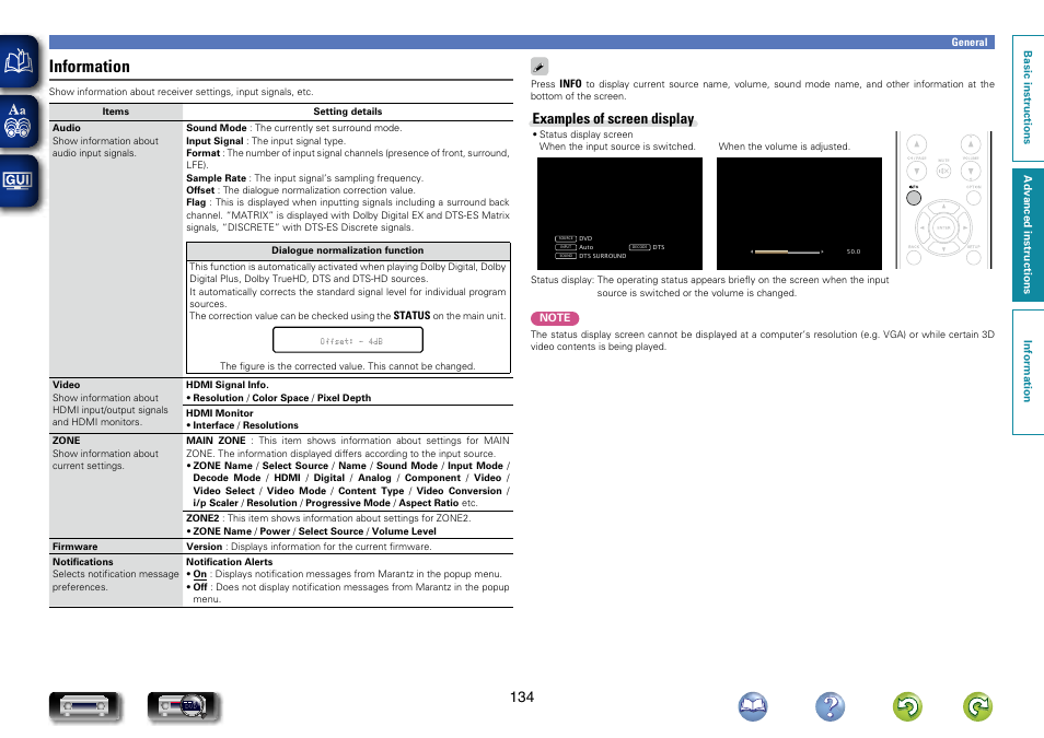 Hdmi monitor, Information, Examples of screen display | Marantz NR1604 User Manual | Page 137 / 168
