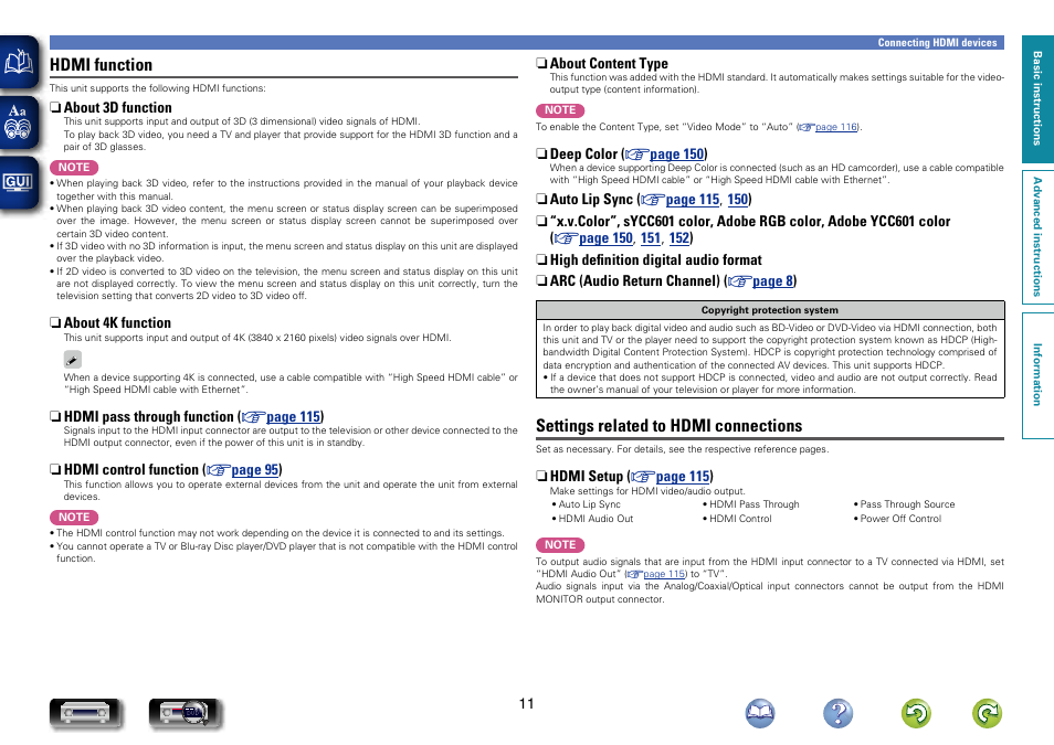 Hdmi function, Settings related to hdmi connections | Marantz NR1604 User Manual | Page 14 / 168