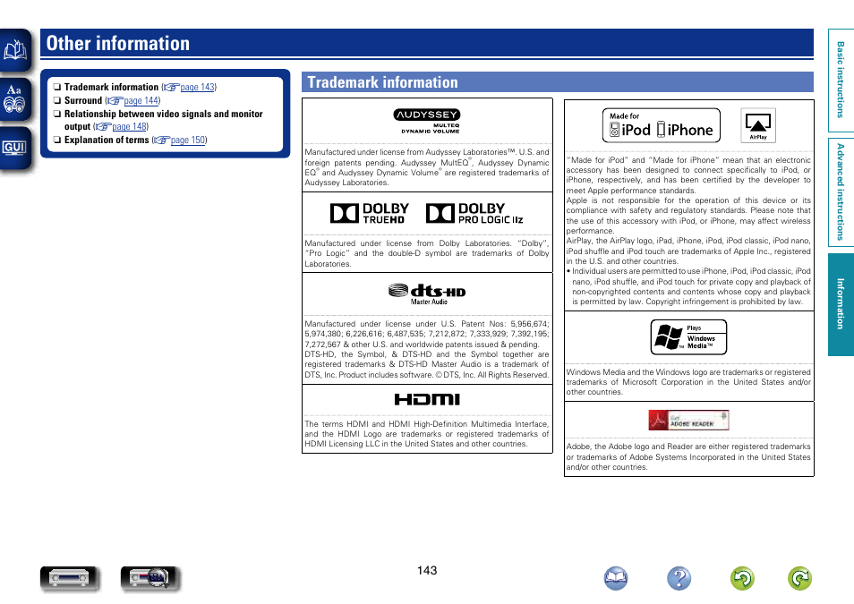 Other information, Trademark information | Marantz NR1604 User Manual | Page 146 / 168