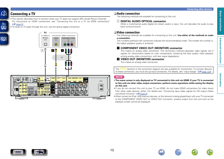 Connecting a tv, Connections as described in “connecting a tv, N audio connection | N video connection | Marantz NR1604 User Manual | Page 16 / 168