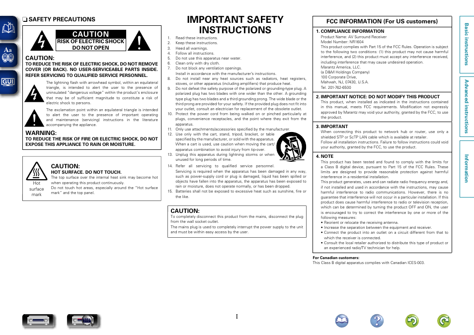 Important safety instructions, Caution | Marantz NR1604 User Manual | Page 2 / 168
