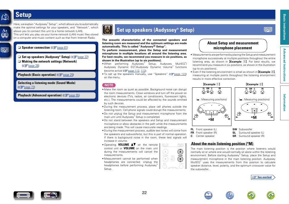Setup, Set up speakers (audyssey® setup) | Marantz NR1604 User Manual | Page 25 / 168