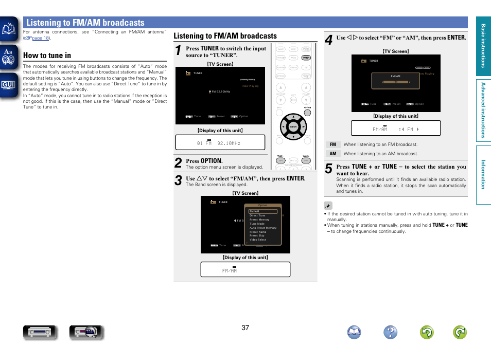 Listening to fm/am broadcasts, Listening to fm/am, How to tune in | Marantz NR1604 User Manual | Page 40 / 168