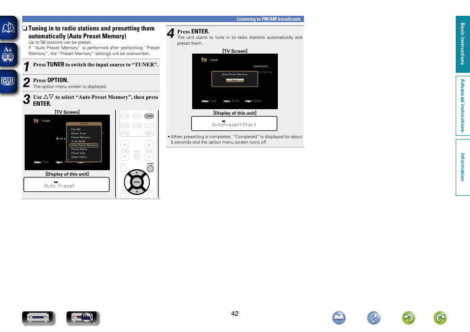 Tuning in to radio stations and presetting them, Automatically (auto preset memory) | Marantz NR1604 User Manual | Page 45 / 168