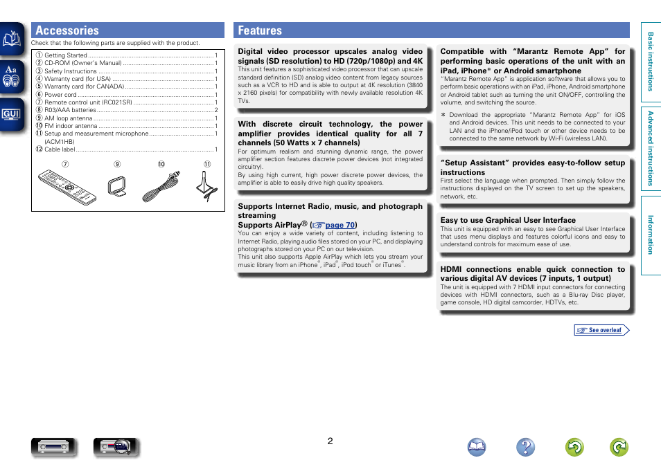 Accessories, Features | Marantz NR1604 User Manual | Page 5 / 168