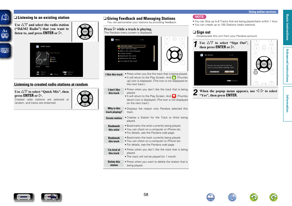 N listening to an existing station, Listening to created radio stations at random, N giving feedback and managing stations | N sign out | Marantz NR1604 User Manual | Page 61 / 168