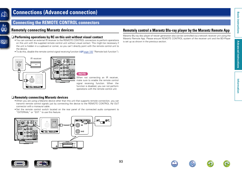 Connections (advanced connection), Connecting the remote control connectors, Remotely connecting marantz devices | Marantz NR1604 User Manual | Page 96 / 168