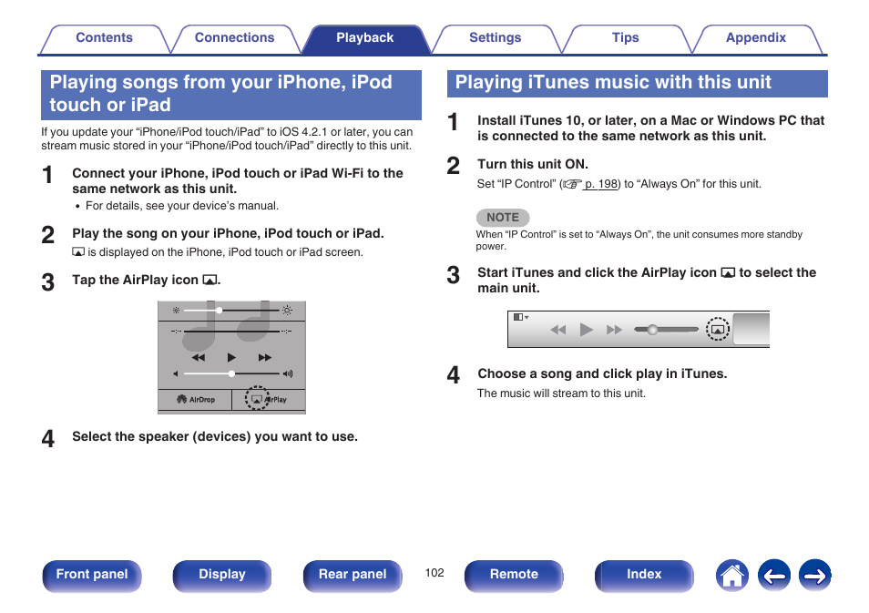 Playing songs from your iphone, ipod touch or ipad, Playing itunes music with this unit | Marantz NR1605 User Manual | Page 102 / 275