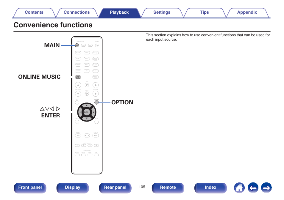 Convenience functions, Main uio p enter option online music, Front panel display rear panel remote index | Marantz NR1605 User Manual | Page 105 / 275