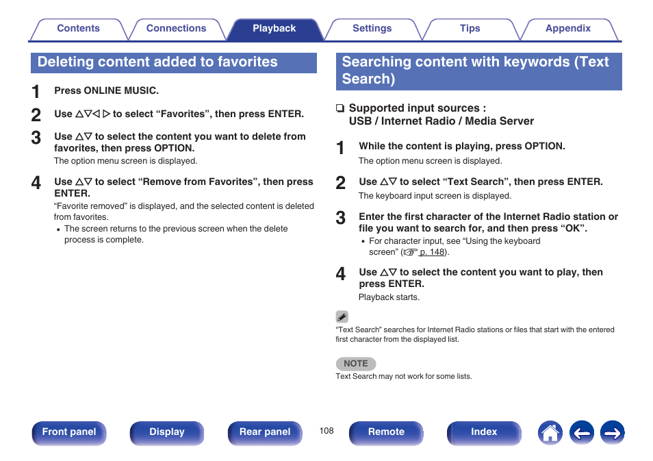 Deleting content added to favorites, Searching content with keywords (text search) | Marantz NR1605 User Manual | Page 108 / 275