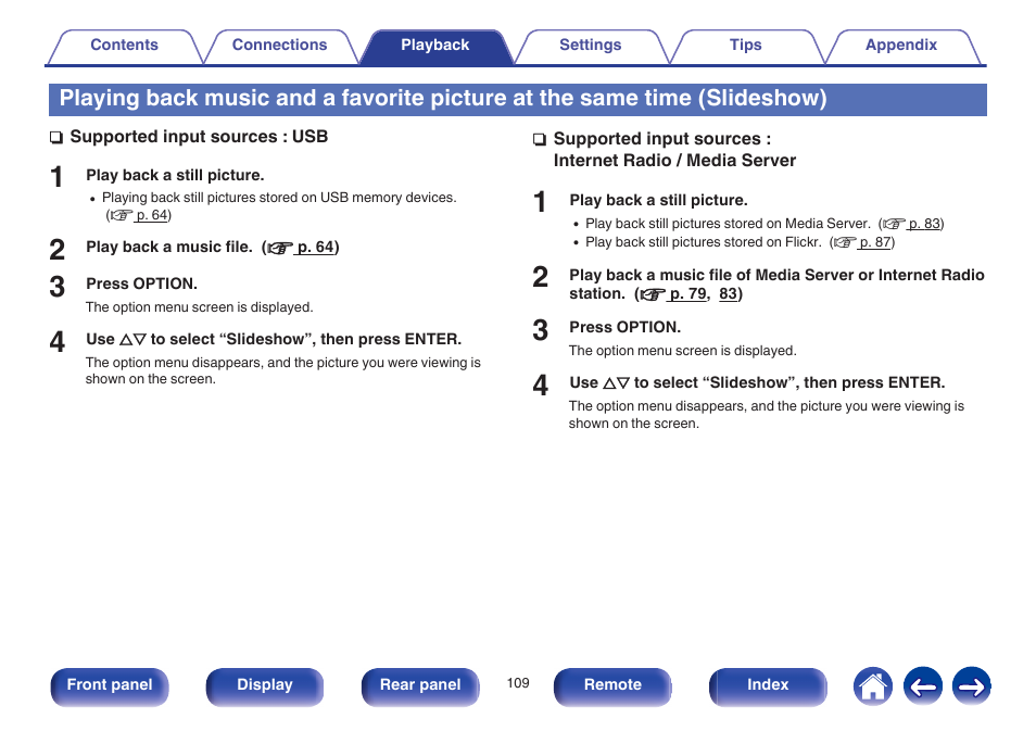 Slideshow), Slideshow)” (v p. 109) | Marantz NR1605 User Manual | Page 109 / 275