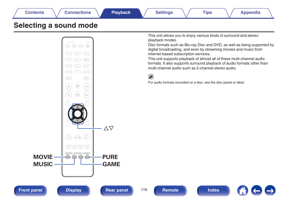 Selecting a sound mode, Switching the sound mode. (v p. 116), These select the sound mode. (v p. 116) | Surround playback ( v p. 116), Pure movie music game ui, Front panel display rear panel remote index | Marantz NR1605 User Manual | Page 116 / 275