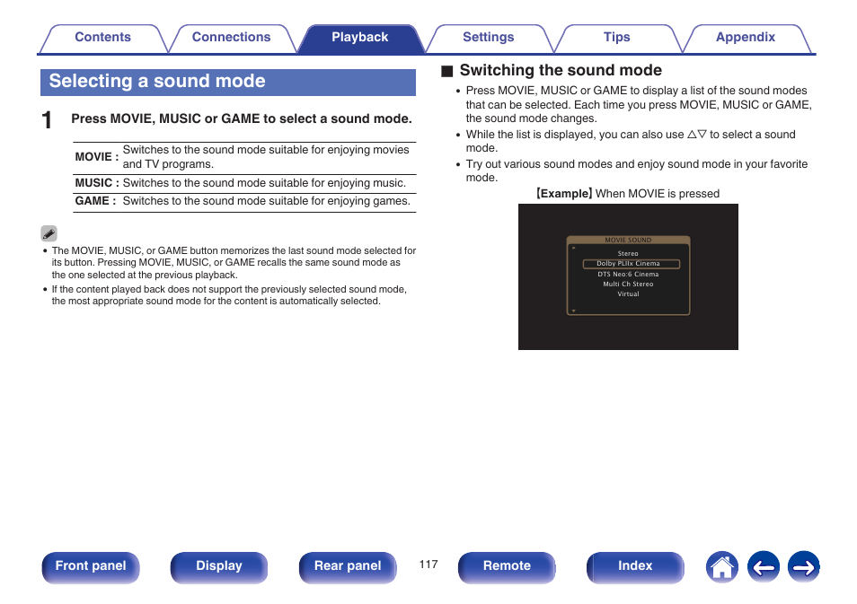 Selecting a sound mode, O switching the sound mode | Marantz NR1605 User Manual | Page 117 / 275