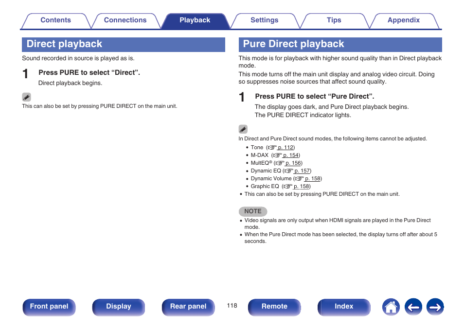 Direct playback, Pure direct playback, V p. 118) | V p. 118 | Marantz NR1605 User Manual | Page 118 / 275