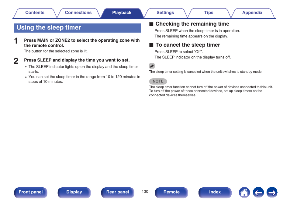 Using the sleep timer, V p. 130) | Marantz NR1605 User Manual | Page 130 / 275