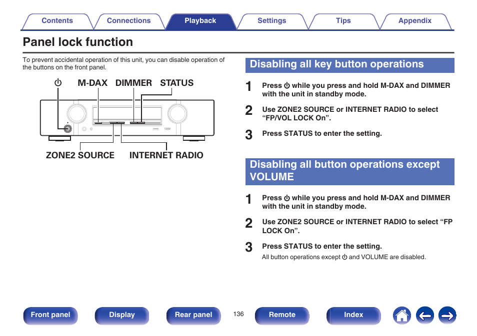 Panel lock function, Disabling all key button operations, Disabling all button operations except volume | Marantz NR1605 User Manual | Page 136 / 275