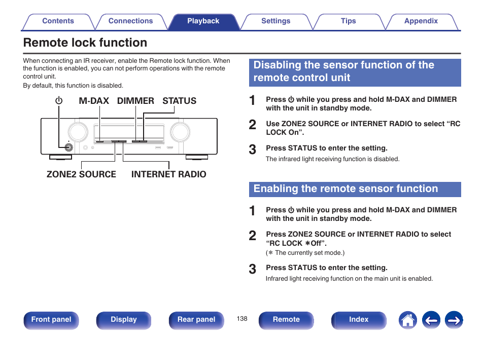Remote lock function, Enabling the remote sensor function, Remote lock function” (v p. 138)) | Marantz NR1605 User Manual | Page 138 / 275
