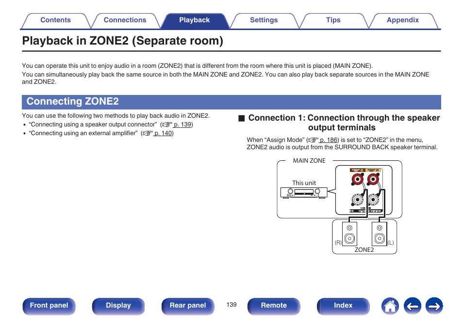 Playback in zone2 (separate room), Connecting zone2 | Marantz NR1605 User Manual | Page 139 / 275