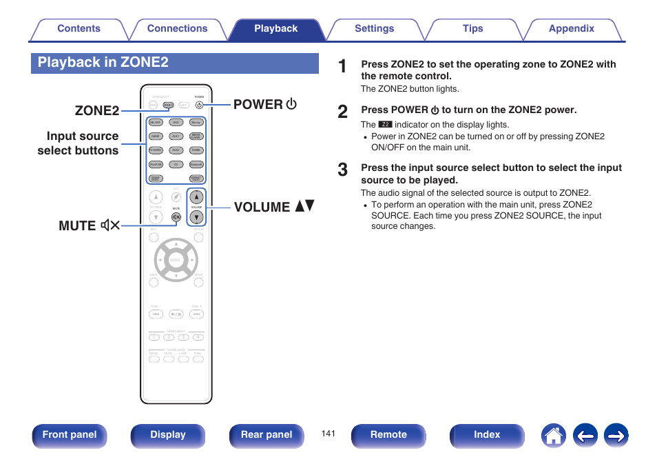 Playback in zone2, V p. 141), The remote control unit. (v p. 141 | Zone2 mute power volume x df, Input source select buttons, Press power x to turn on the zone2 power, Front panel display rear panel remote index | Marantz NR1605 User Manual | Page 141 / 275