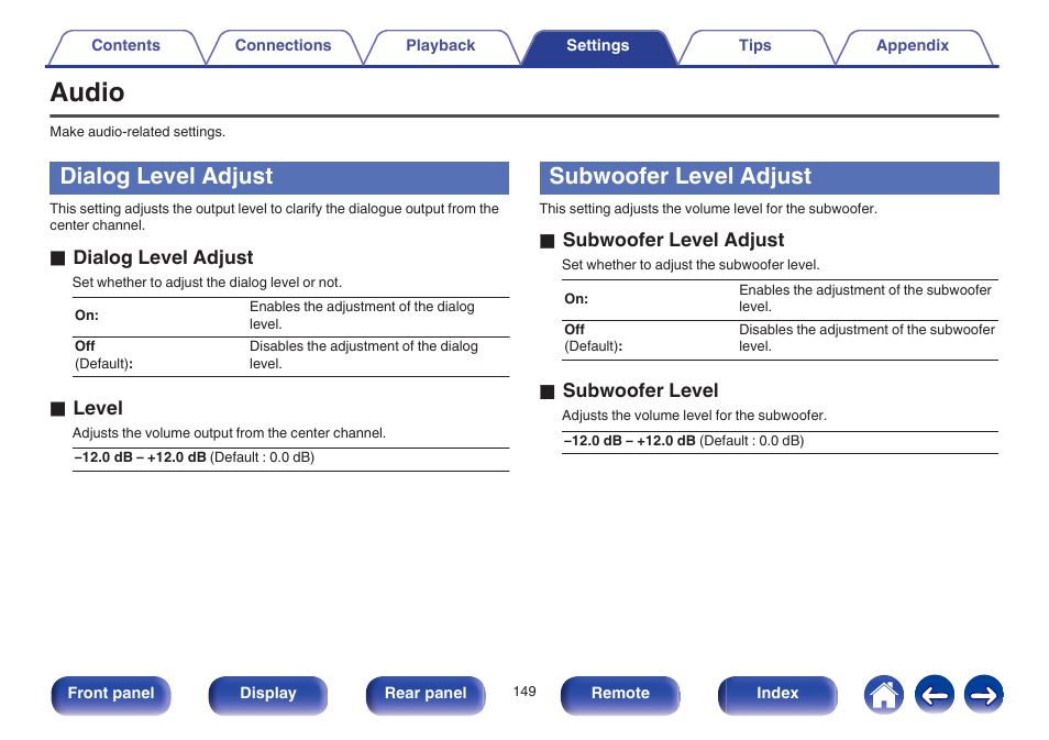 Audio, Dialog level adjust, Subwoofer level adjust | Marantz NR1605 User Manual | Page 149 / 275