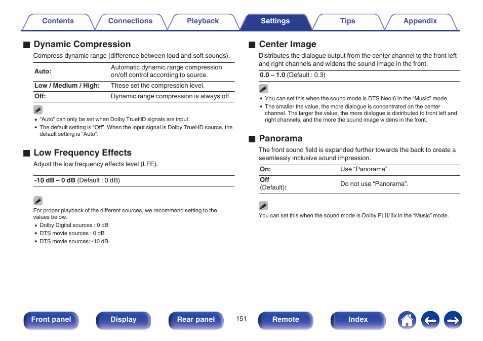 O dynamic compression, O low frequency effects, O center image | O panorama | Marantz NR1605 User Manual | Page 151 / 275