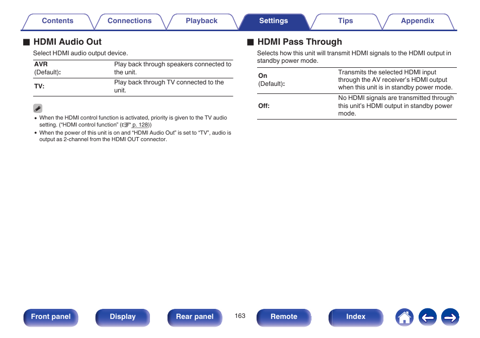 V p. 163) is set to “on, V p. 163) to “tv, Out” (v p. 163) is set to “tv | O hdmi audio out, O hdmi pass through | Marantz NR1605 User Manual | Page 163 / 275