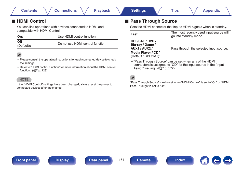V p. 164) is set to “on, V p. 164) to “on, O hdmi control | O pass through source | Marantz NR1605 User Manual | Page 164 / 275