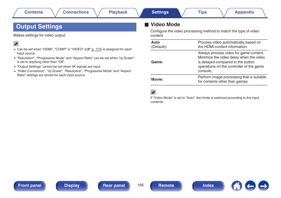 Output settings, Game”. (v p. 166), O video mode | Marantz NR1605 User Manual | Page 166 / 275