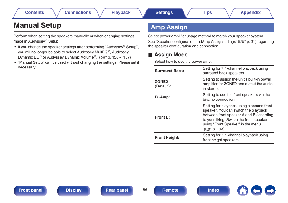 Manual setup, Amp assign, Environment. (“amp assign” (v p. 186)) | O assign mode | Marantz NR1605 User Manual | Page 186 / 275