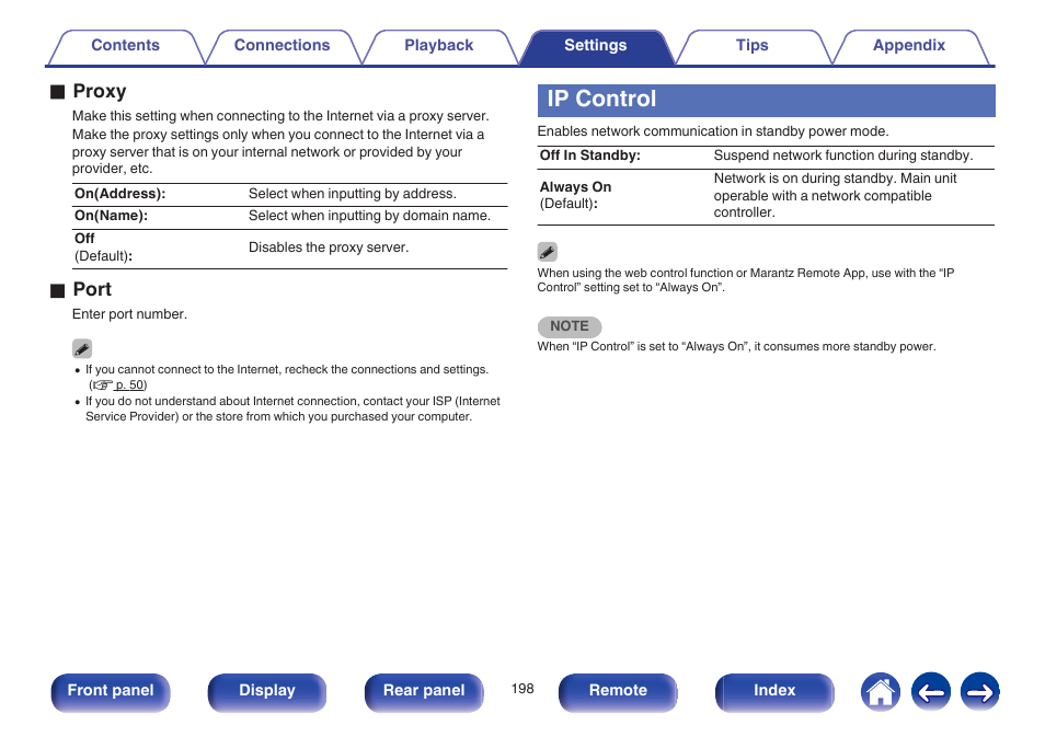 Ip control, V p. 198) is set to “always on, V p. 198) | O proxy, O port | Marantz NR1605 User Manual | Page 198 / 275