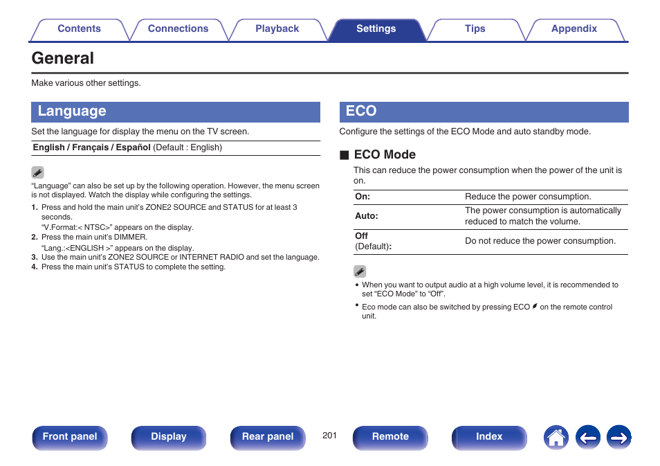 General, Language, V p. 201) | O eco mode | Marantz NR1605 User Manual | Page 201 / 275