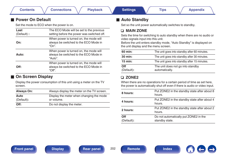 O power on default, O on screen display, O auto standby | Marantz NR1605 User Manual | Page 202 / 275