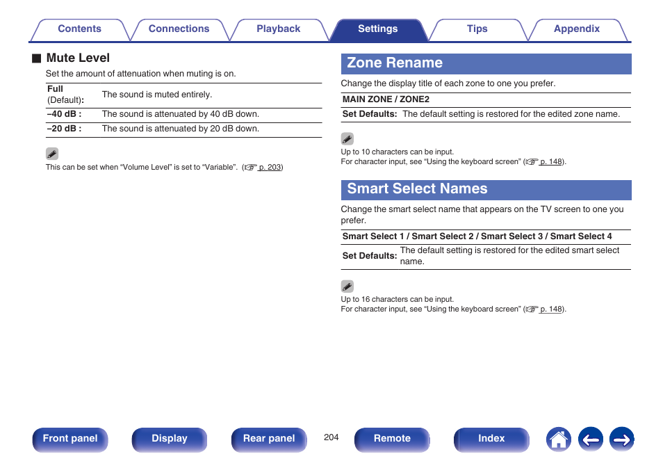 Zone rename, Smart select names, V p. 204) | Zone rename (v p. 204), Smart select names (v p. 204), O mute level | Marantz NR1605 User Manual | Page 204 / 275