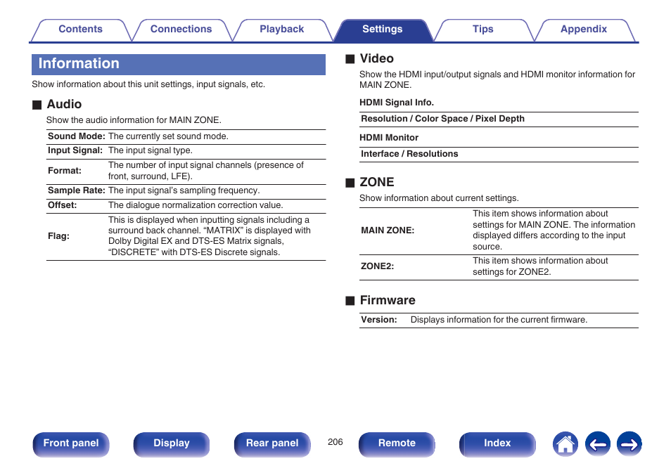 Information, V p. 206), O audio | O video, O zone, O firmware | Marantz NR1605 User Manual | Page 206 / 275