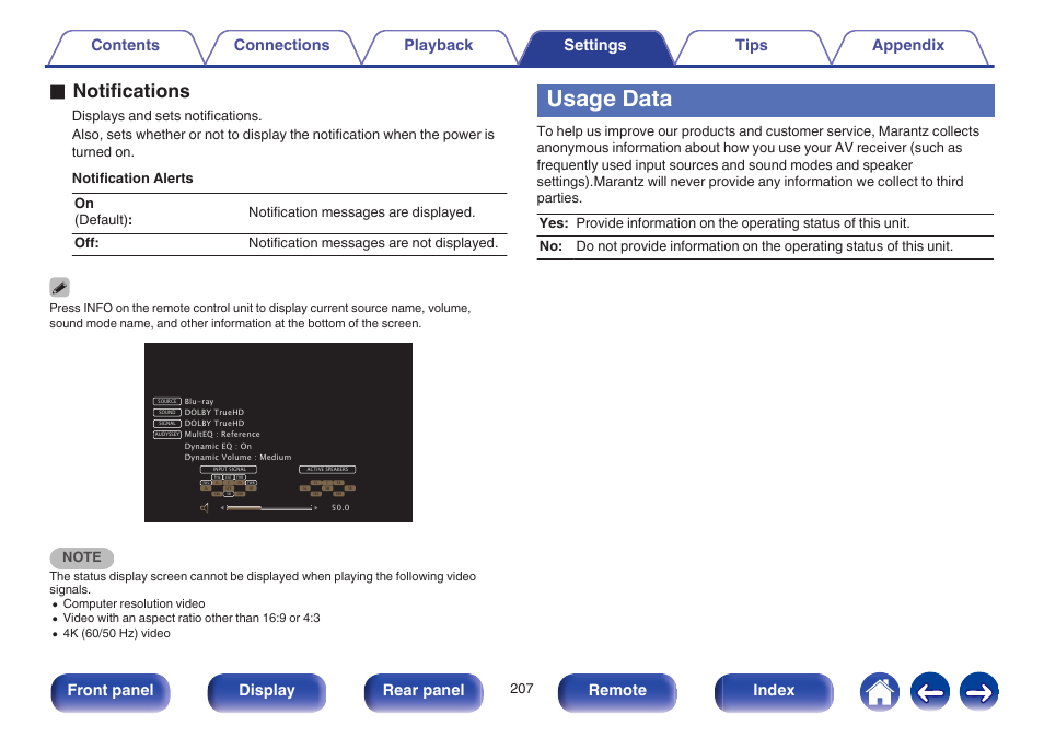 Usage data, O notifications, Front panel display rear panel remote index | Marantz NR1605 User Manual | Page 207 / 275