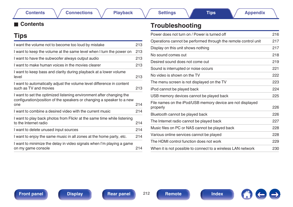 Tips, Troubleshooting, O contents | Marantz NR1605 User Manual | Page 212 / 275