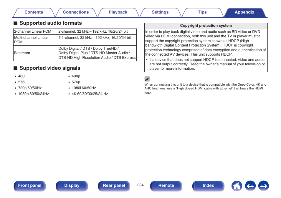 O supported audio formats, O supported video signals | Marantz NR1605 User Manual | Page 234 / 275