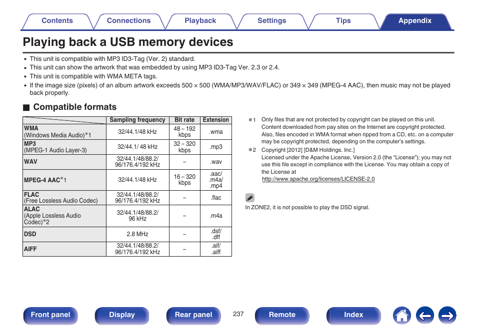 Playing back a usb memory devices, O compatible formats | Marantz NR1605 User Manual | Page 237 / 275