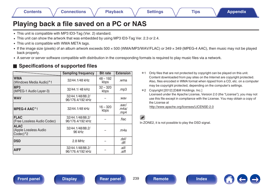 Playing back a file saved on a pc or nas, Nas” (v p. 239), O specifications of supported files | Marantz NR1605 User Manual | Page 239 / 275