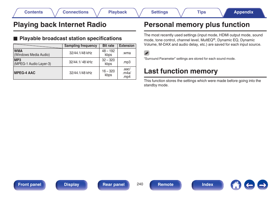 Playing back internet radio, Personal memory plus function, Last function memory | See “playing an internet radio station” (v p. 240), O playable broadcast station specifications | Marantz NR1605 User Manual | Page 240 / 275