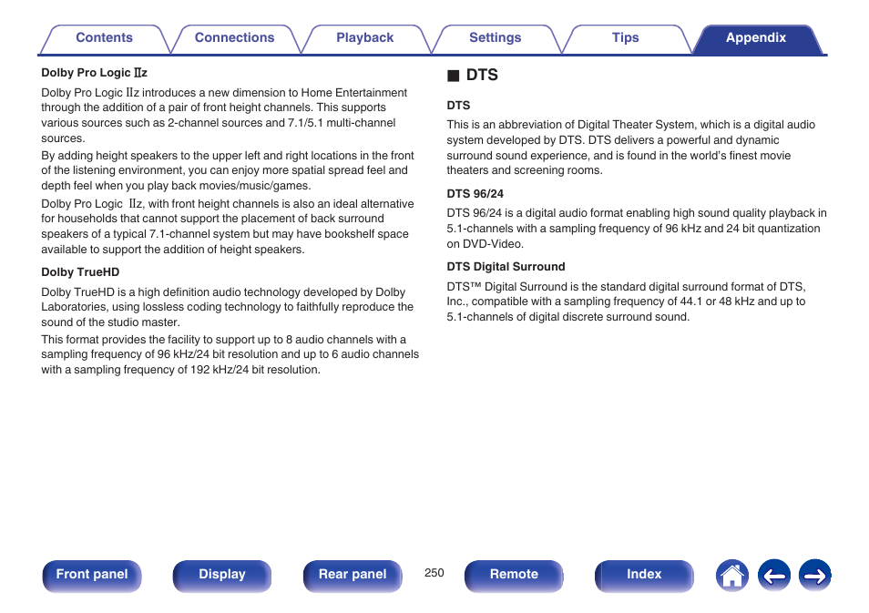 Z (v p. 250) which offers an even, O dts | Marantz NR1605 User Manual | Page 250 / 275