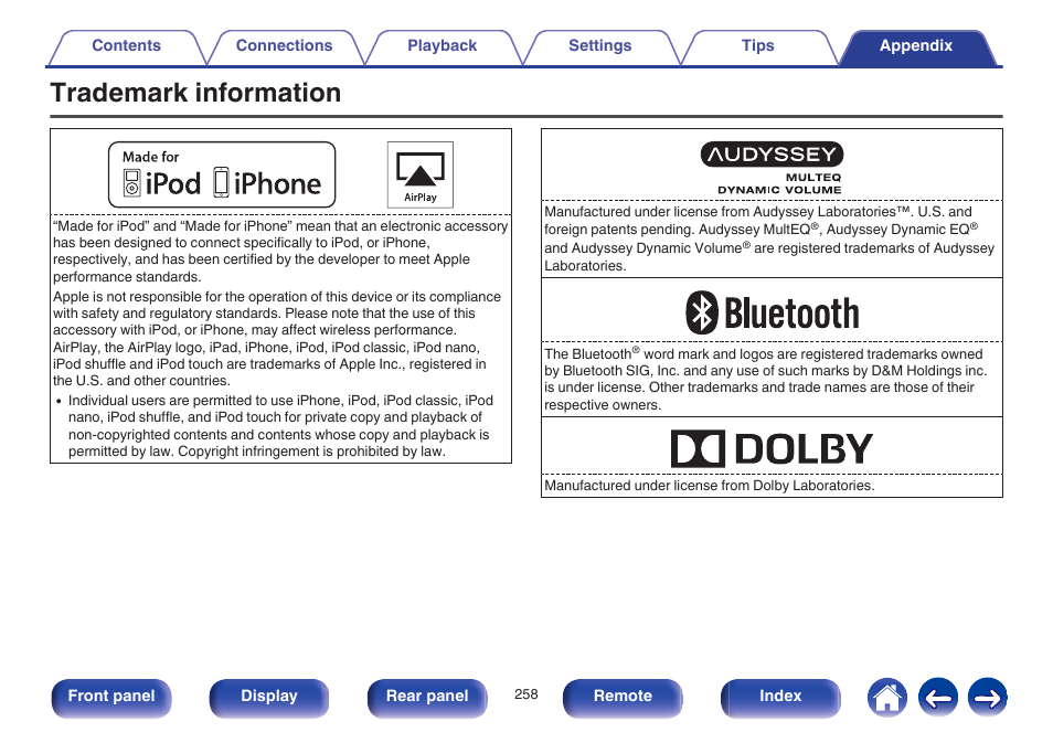 Trademark information | Marantz NR1605 User Manual | Page 258 / 275
