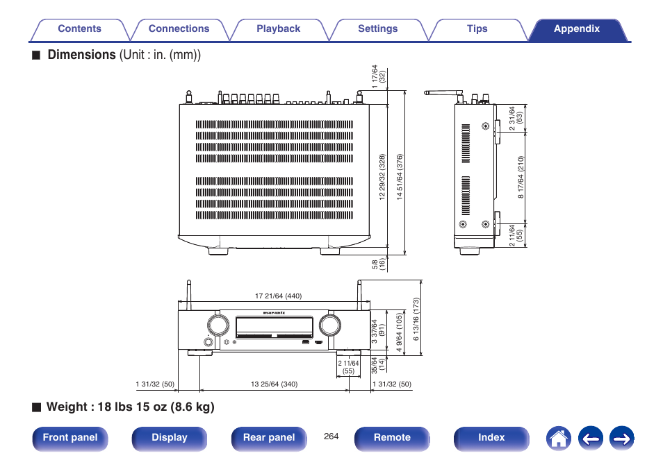 Dimensions (unit : in. (mm)) | Marantz NR1605 User Manual | Page 264 / 275