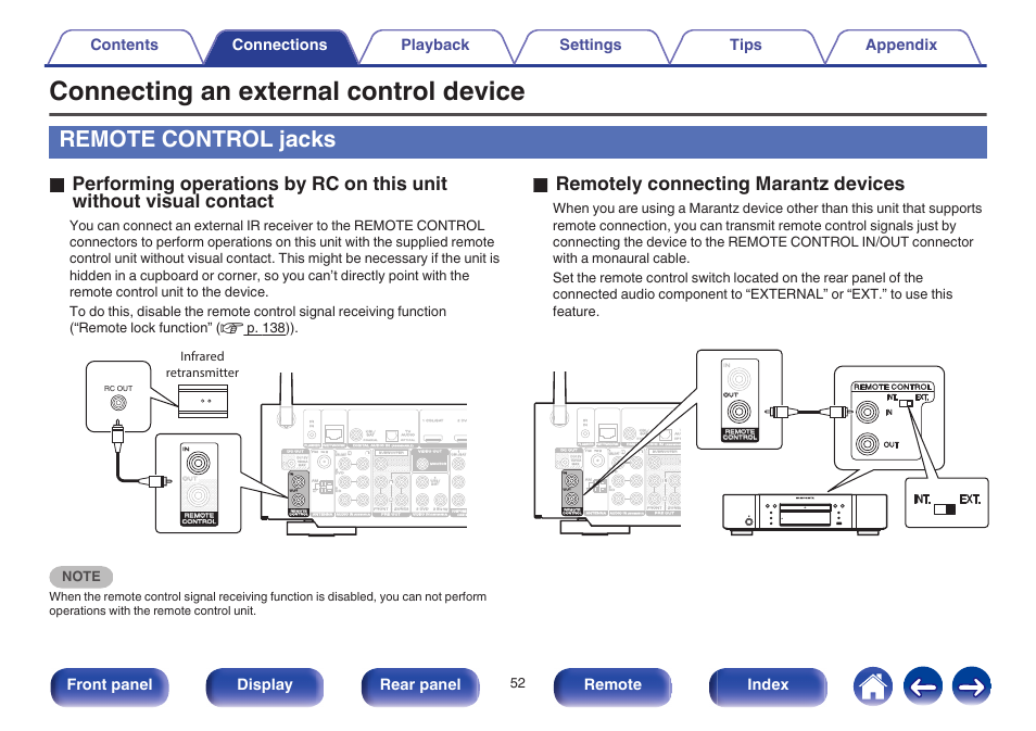 Connecting an external control device, Remote control jacks, O remotely connecting marantz devices | Front panel display rear panel remote index | Marantz NR1605 User Manual | Page 52 / 275
