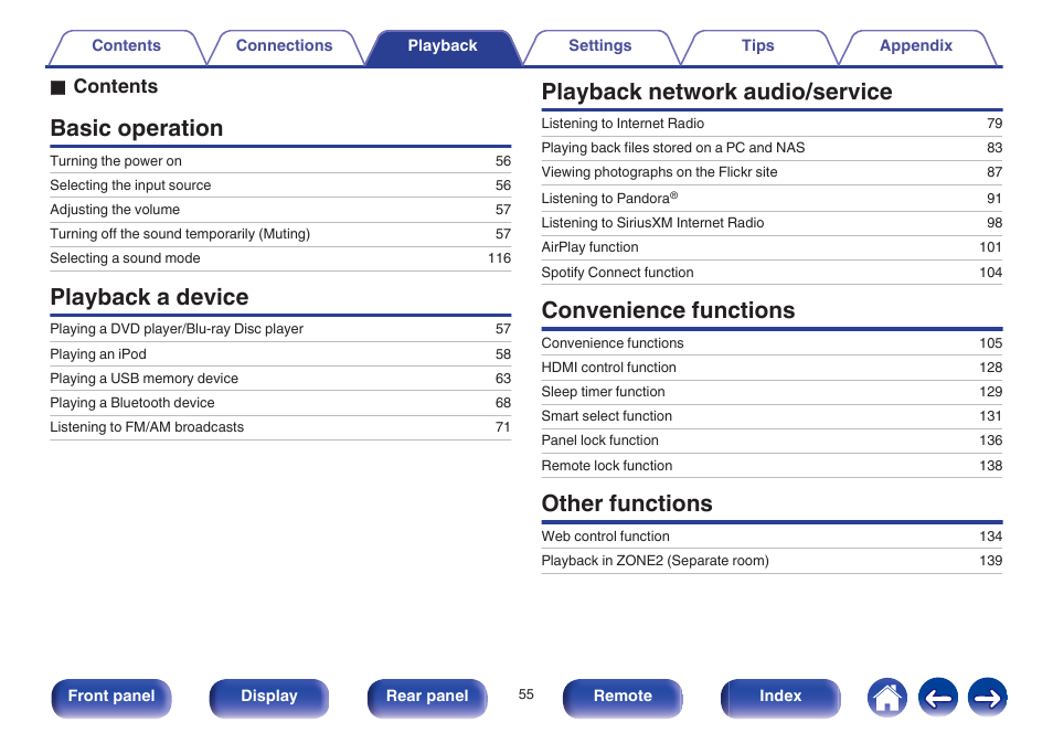 Playback, Basic operation, Playback a device | Playback network audio/service, Convenience functions, Other functions, O contents | Marantz NR1605 User Manual | Page 55 / 275